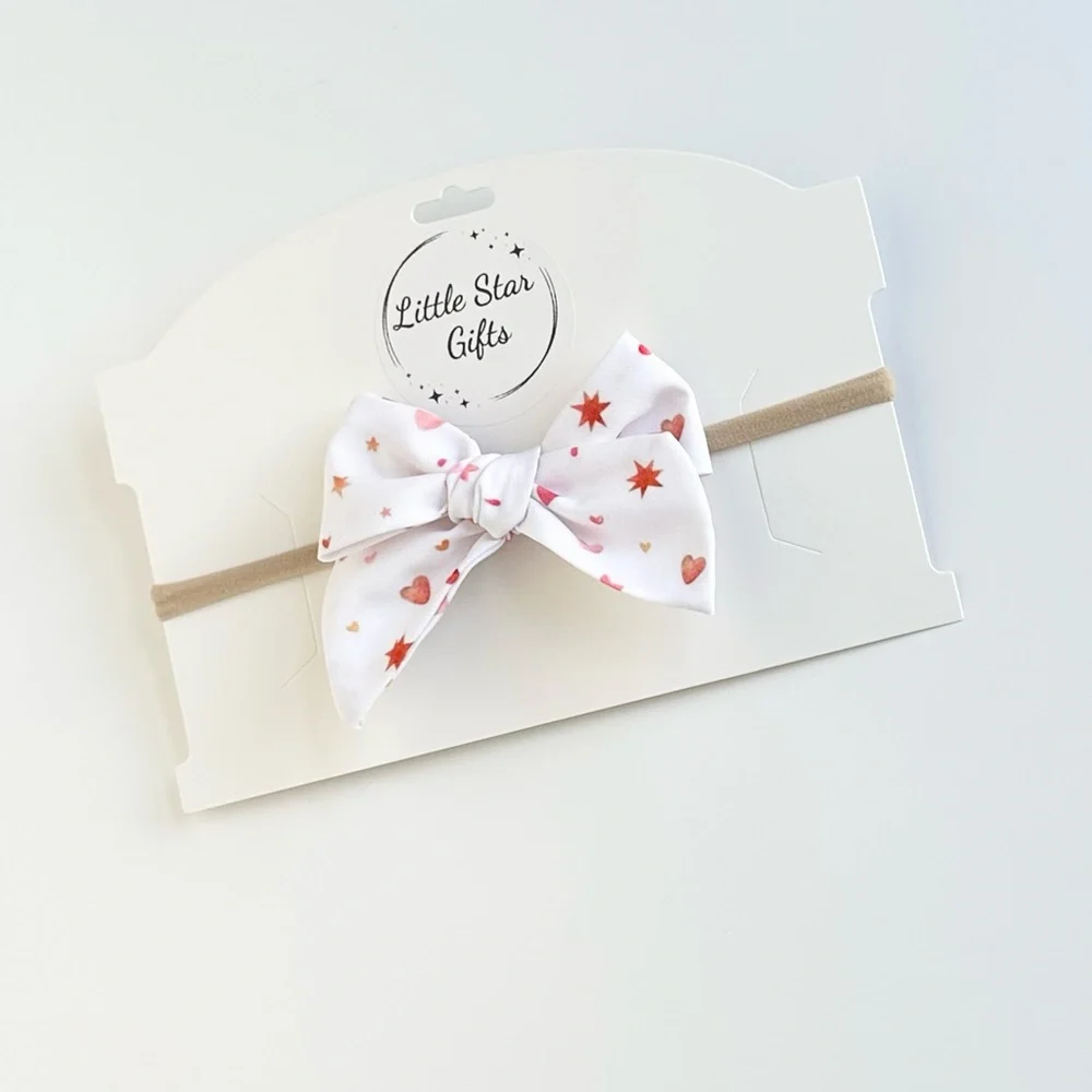 Pink hearts and stars fabric Hairbow, 3.5”, NEW